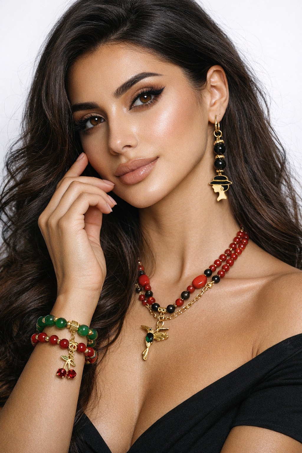 Model wearing Winged Nikka jewelry